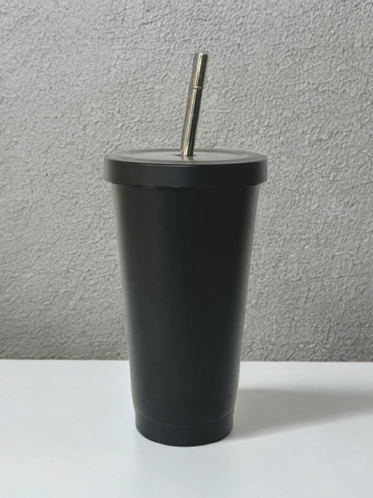 Black metal tumbler with straw